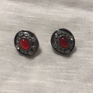 Silver post earrings with a red and clear gems